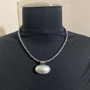 Black Cultured Pearl Necklace w Mother of Pearl Pendant & Sterling Silver Clasp
